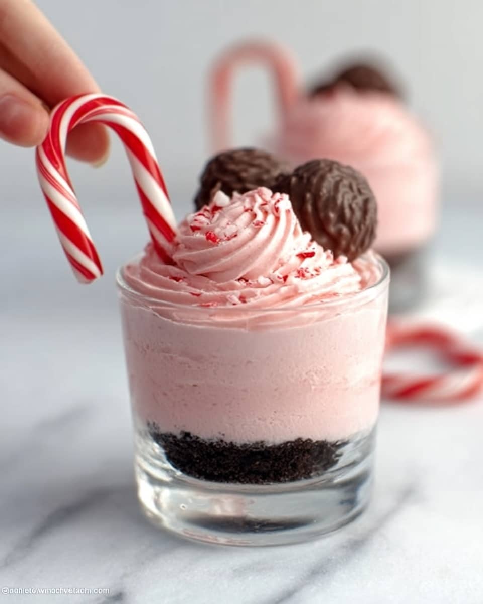 The image shows two clear glass cups filled with a dessert that has three visible layers. The bottom layer is dark brown and crumbly, resembling crushed cookies or chocolate crust. Above this is a thick, light pink creamy layer that looks smooth and fluffy. On top, there is a small dollop of white whipped cream sprinkled with tiny red bits, possibly crushed candy. The cups are placed on a white square plate with two small round peppermint candies with red and white stripes beside them. A woman's hand is holding the cup in the front. The background features a white marbled surface and a blurred red cloth. Photo taken with an iphone --ar 4:5 --v 7