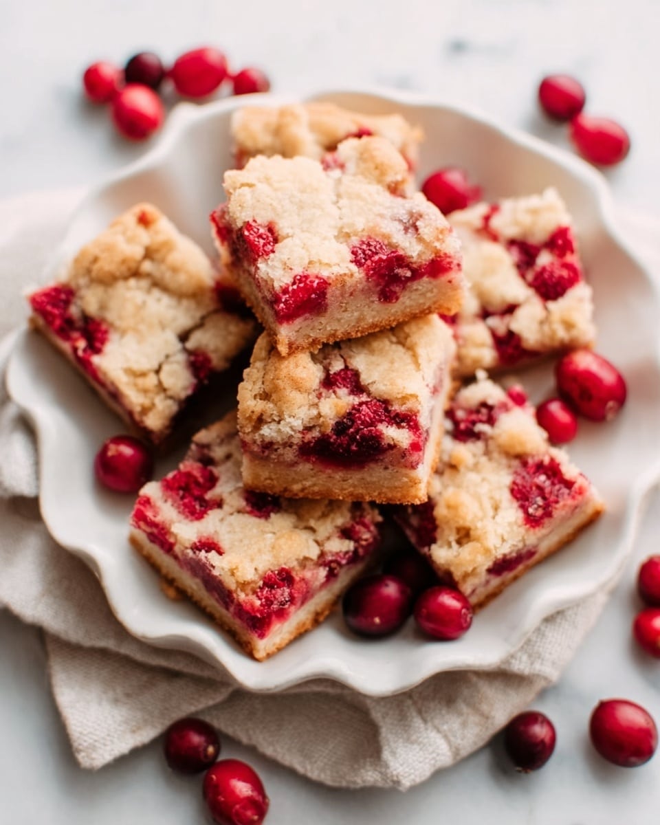 This image shows a stack of five square pieces of cake with visible red berries inside them. Each cake piece has a light yellow color with a soft and crumbly texture, and bright red berries are spread throughout the layers. The stack is placed on a white marbled surface with some scattered red berries around it. The background is dark, making the cake and berries stand out clearly. The pieces look moist and slightly uneven, showing a homemade feel. photo taken with an iphone --ar 4:5 --v 7