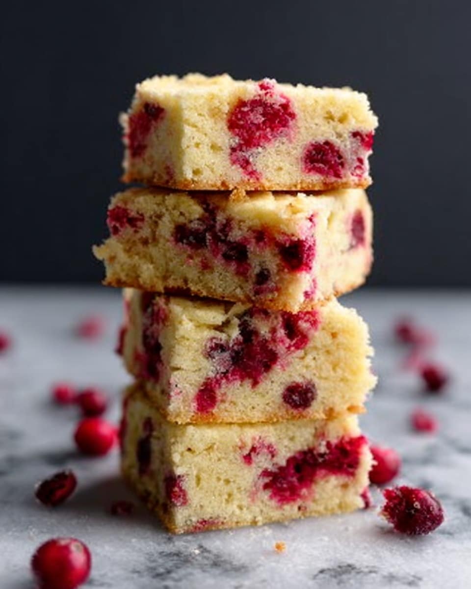 A white scalloped bowl holds six square pieces of fruit bar with two visible layers: the bottom layer is a golden-brown crust, somewhat crumbly, and the top layer is a mix of bright red fruit with some whole berries showing through a pale, crumbly dough topping. Scattered fresh red berries sit around the bowl on a white marbled surface. A soft beige cloth is partly visible under the bowl. photo taken with an iphone --ar 4:5 --v 7