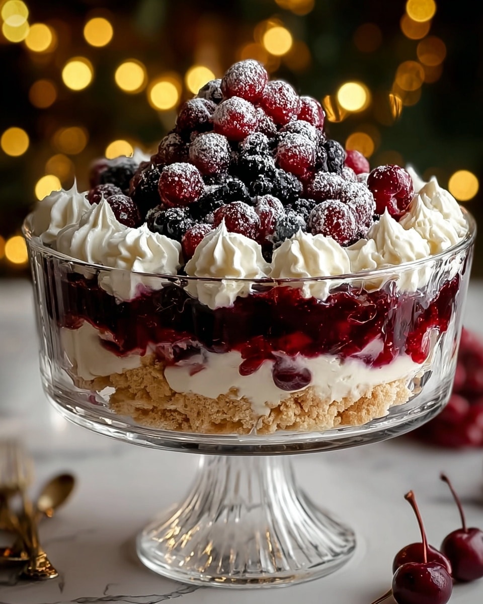 A clear glass pedestal bowl holds a layered dessert with four distinct layers: the bottom layer is a light tan crumbly base, above it is a thick white creamy layer, then a bright red jelly layer filled with cherries, and the top layer has dollops of white whipped cream arranged in a circle around the edge. The center is piled high with glossy red cherries and blackberries dusted with powdered sugar. The setting includes small Christmas ornaments and pine branches with snow, all on a white marbled surface. Photo taken with an iphone --ar 4:5 --v 7