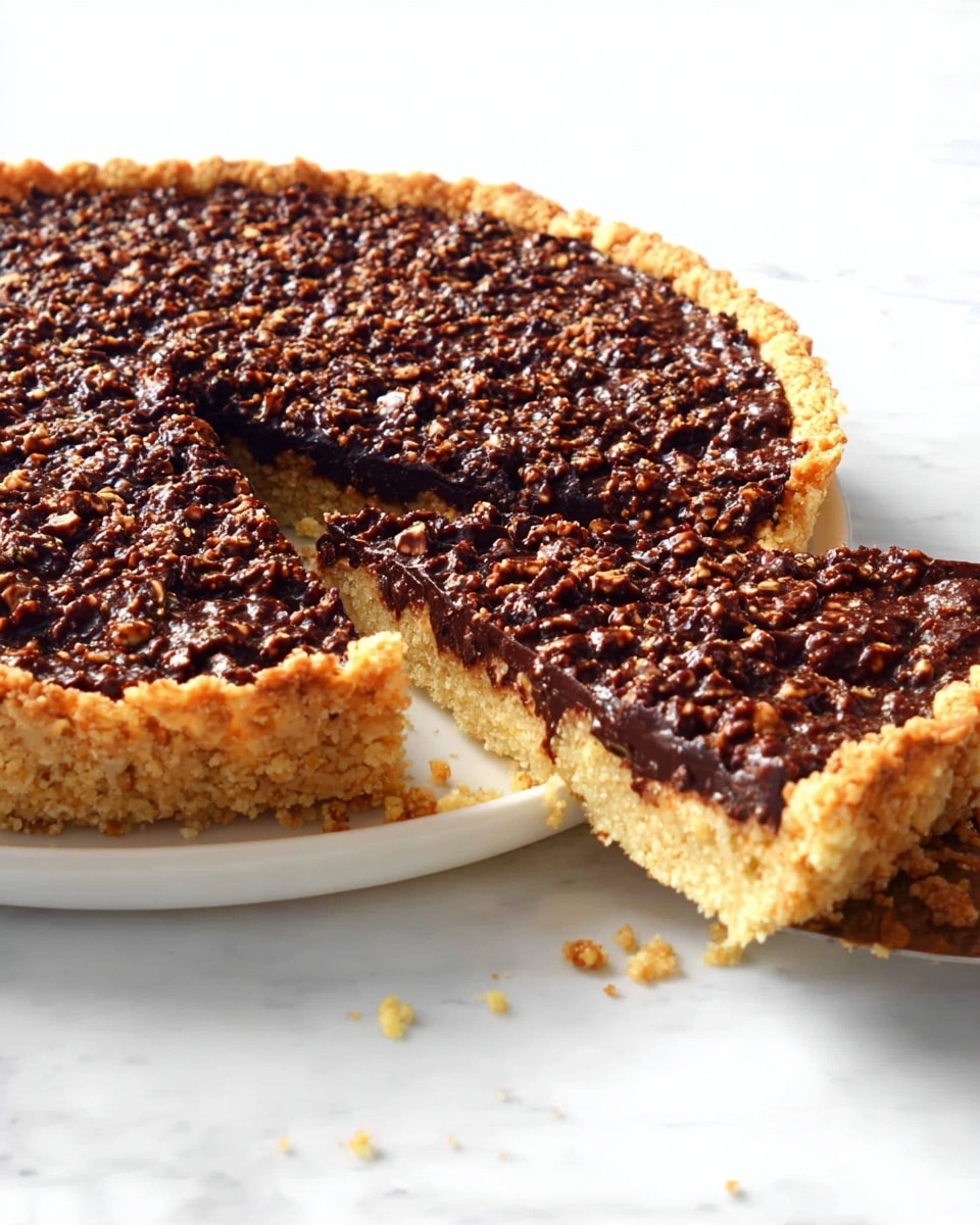 A close-up image of a tart with three distinct layers is shown. The bottom layer is a golden, crumbly crust forming the base and sides, with a rough texture. The middle layer is smooth and creamy in a caramel brown color, filling the tart evenly. The top layer is dark chocolate mixed with small crunchy pieces, covering the entire surface with a glossy finish. One slice of the tart is lifted, showing the thickness and texture of each layer clearly. The background features a white marbled texture. Photo taken with an iphone --ar 4:5 --v 7