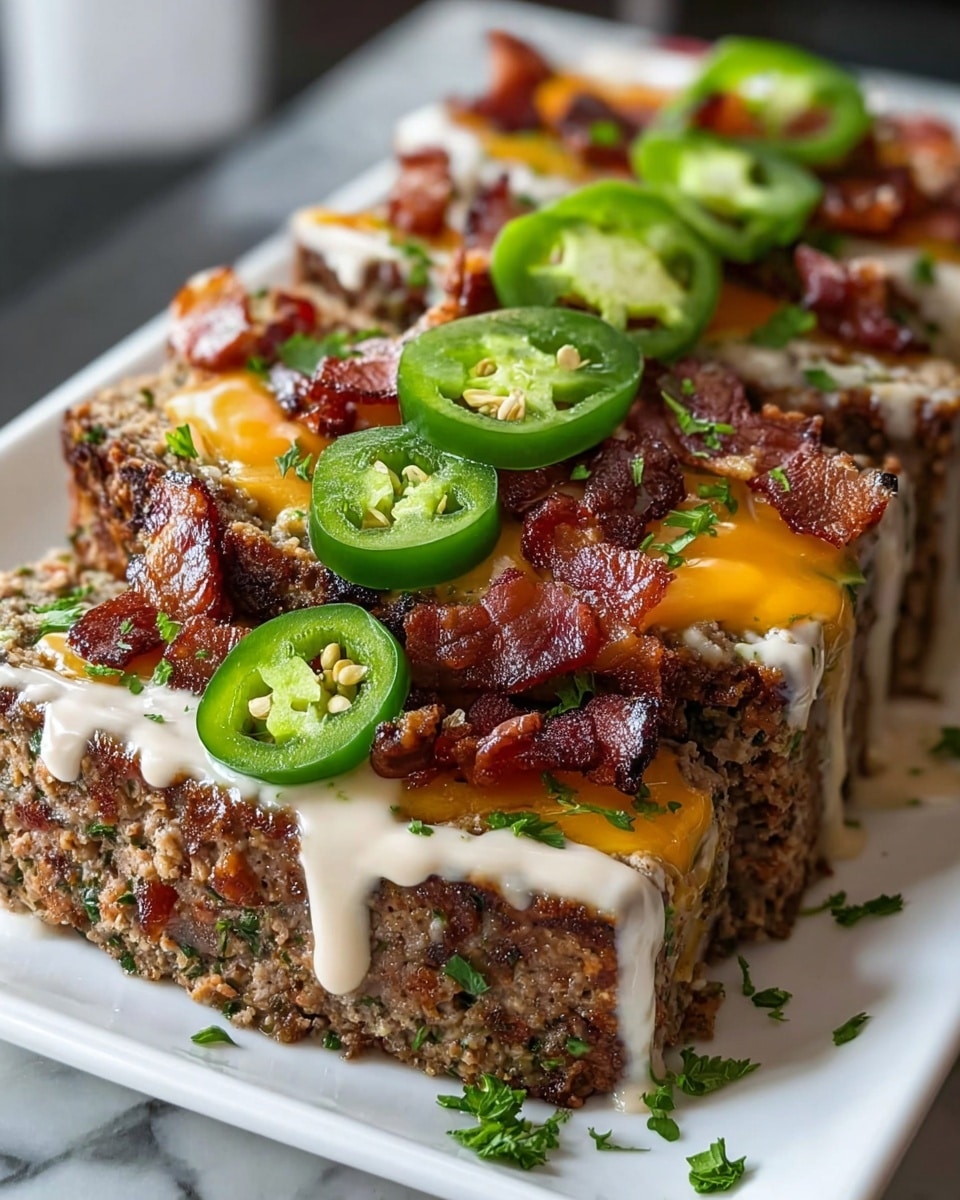 The dish shows three thick slices of a meatloaf with a textured, browned outer layer and a ground meat inside mixed with herbs, placed side by side on a rectangular white plate. Each slice is topped with a creamy white sauce layer that drips down the sides, followed by melted bright orange cheddar cheese that covers the meat. Crispy pieces of bacon with a dark brown and red color are scattered on the cheese, and green slices of jalapeño peppers with visible seeds are evenly spread on top. Small green herb pieces, likely parsley, are sprinkled around the meatloaf and on the plate. The plate is set on a white marbled surface. Photo taken with an iphone --ar 4:5 --v 7