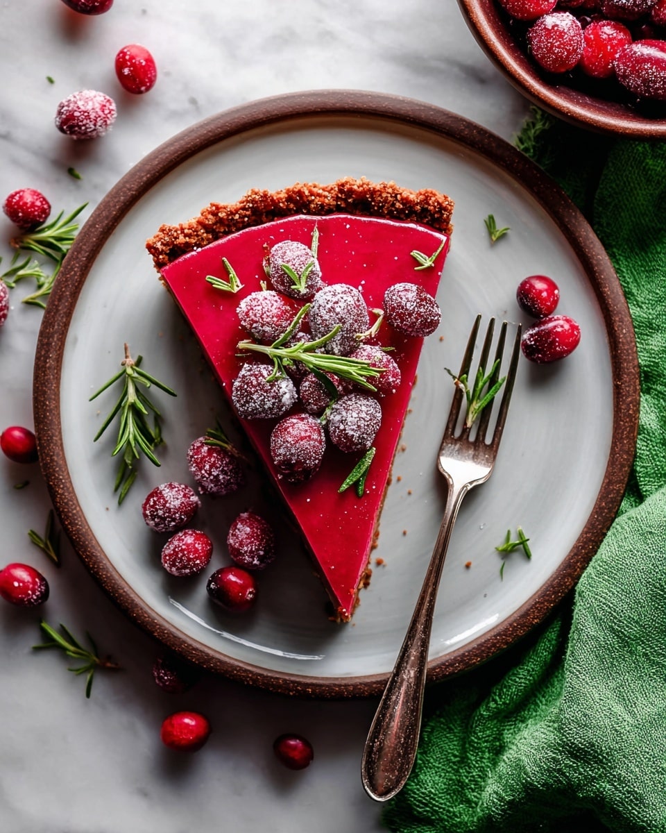A single slice of bright red cranberry tart with a crumbly brown crust sits centered on a round white plate. The tart has one smooth red layer topped with both fresh and sugar-coated cranberries along with small sprigs of green rosemary leaves. Around the plate are scattered extra cranberries and rosemary sprigs. A silver fork rests on the right side of the plate. The whole setting is on a white marbled surface with a green cloth napkin to the right. Photo taken with an iphone --ar 4:5 --v 7