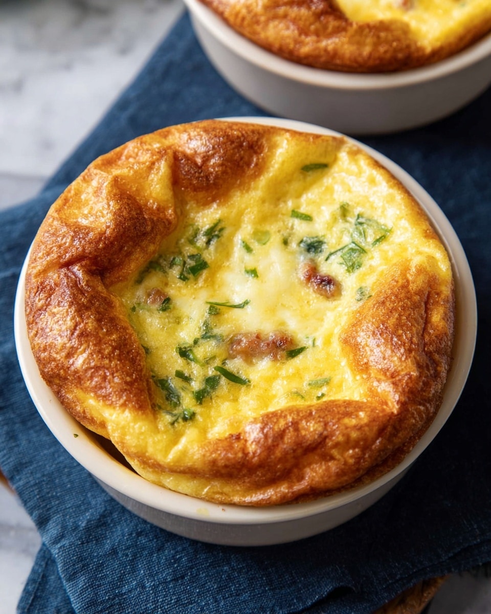 A golden-brown baked dish in a white round ceramic ramekin, with a puffy outer crust that is slightly uneven and shiny, showing a soft, fluffy texture. Inside the center, a creamy yellow egg mixture with specks of green herbs and bits of browned meat peek through, giving a slightly glossy and smooth texture. The ramekin sits on a dark blue cloth over a white marbled surface, with part of another similar ramekin visible at the top edge. photo taken with an iphone --ar 4:5 --v 7