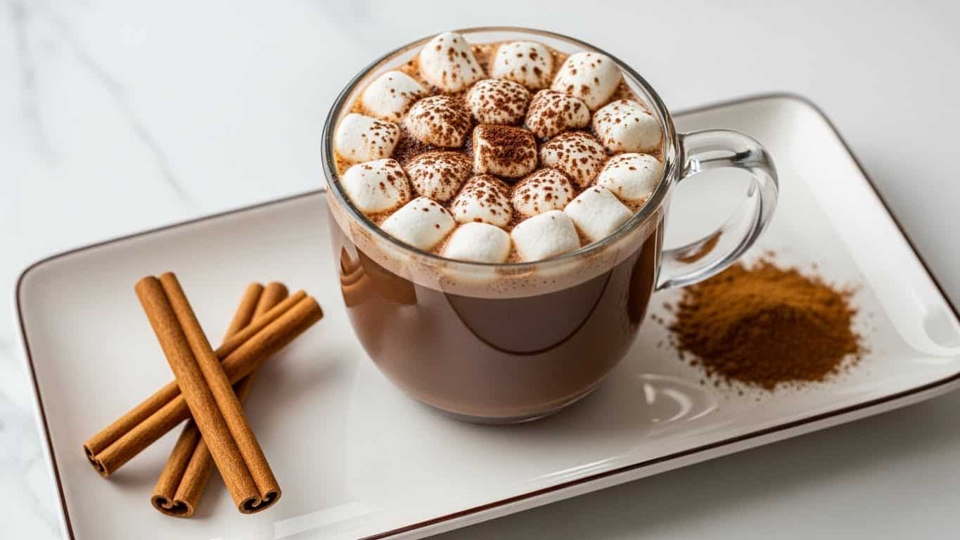 A clear glass cup filled with dark brown hot chocolate, topped with a layer of small white marshmallows dusted with a light brown powder, sitting on a white rectangular plate with a brown rim. On the plate, next to the cup, are three whole cinnamon sticks and some scattered brown powder. The plate rests on a white marbled surface with blurred objects in the background including a jar with a castle design and some marshmallows and a cookie. photo taken with an iphone --ar 4:5 --v 7