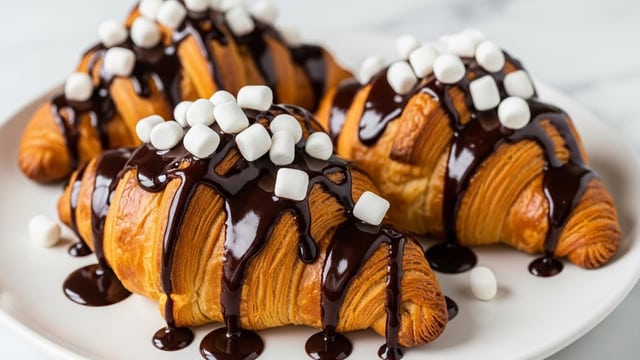 The image shows a close-up of three golden-brown croissants placed on a white plate with a smooth matte finish. Each croissant is topped with a thick, glossy dark chocolate sauce that flows down the sides and pools at the bottom. Small white mini marshmallows are scattered on top of the chocolate, adding a soft contrast to the shiny, dark drizzle. The croissants have a flaky texture with visible layers, and the background is a white marbled surface, softly blurred to keep the focus on the croissants. photo taken with an iphone --ar 4:5 --v 7