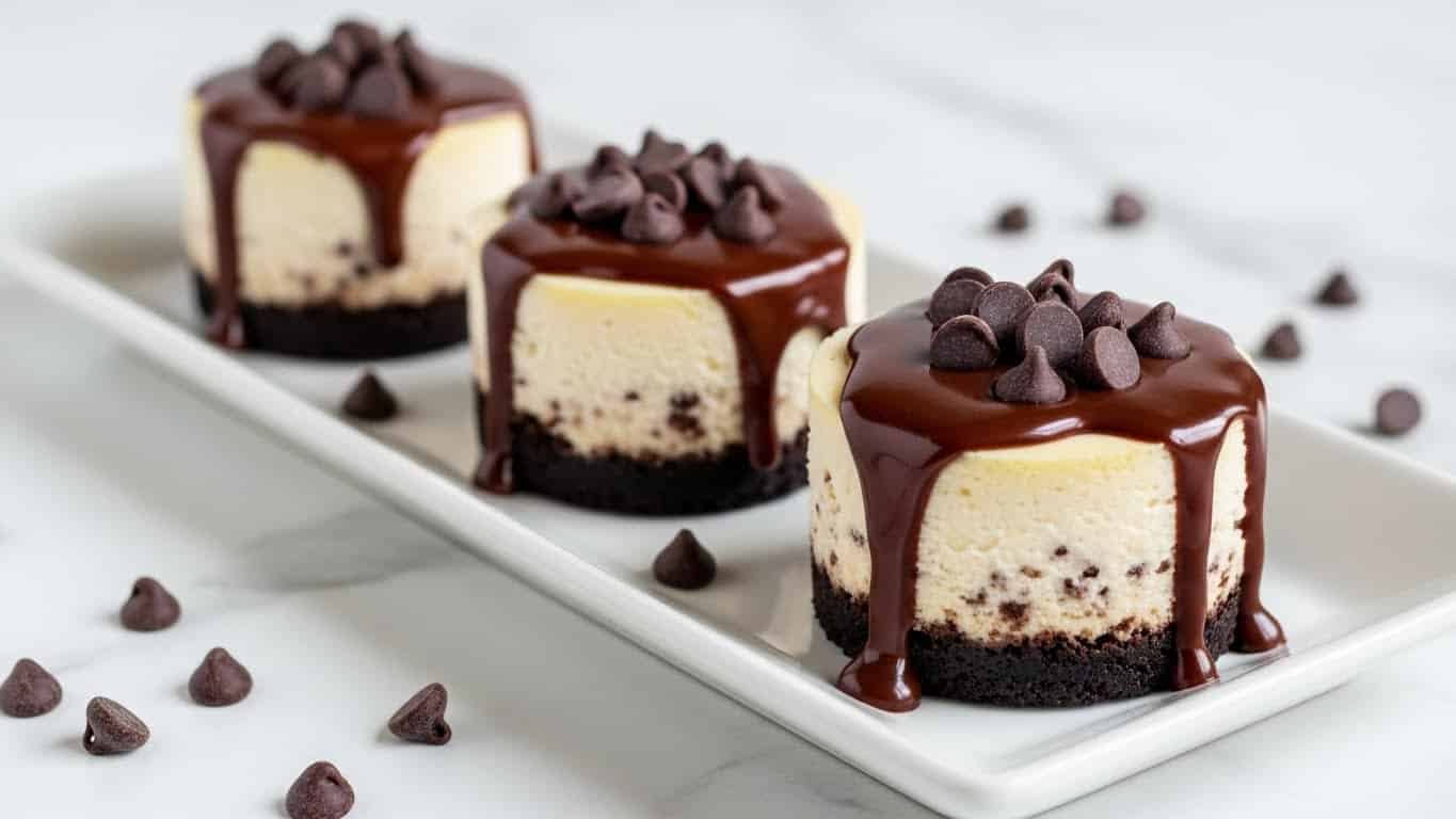 The image shows three small round mini cheesecakes on a white rectangular dish placed on a white marbled surface. Each mini cheesecake has two clear layers: a bottom dark brown chocolate crust and a thick, creamy off-white cheesecake layer with some tiny dark specks inside. The cheesecakes are topped with a shiny, rich dark brown chocolate sauce that drips down the sides. On top of the sauce, there are several dark brown chocolate chips scattered. More chocolate chips are scattered around the dish, adding extra detail to the scene. photo taken with an iphone --ar 4:5 --v 7