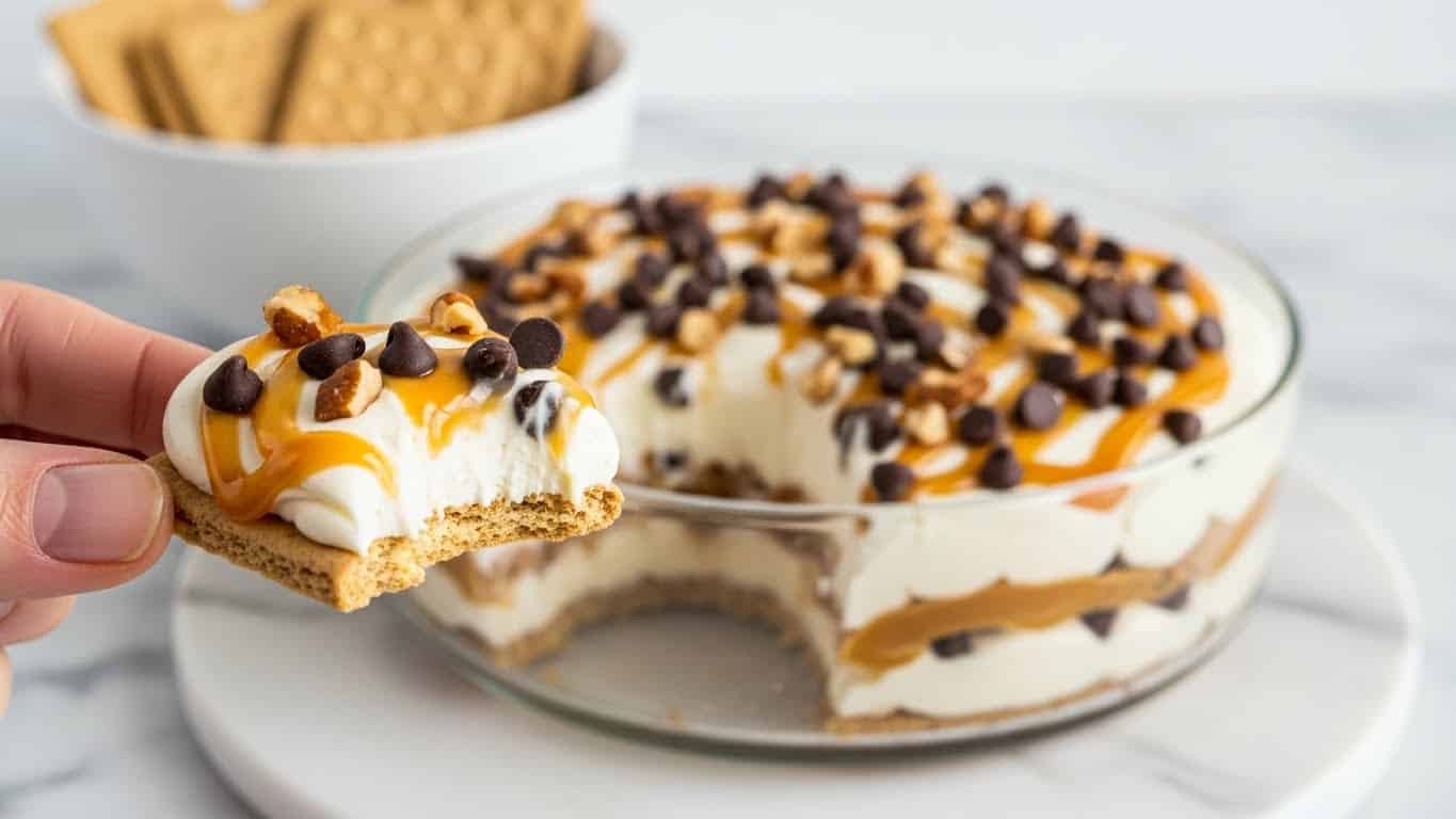 The image shows a close-up of a woman's hand holding a graham cracker topped with a thick layer of white cream, dark chocolate chips, golden caramel drizzle, and small pieces of chopped nuts. The cracker has a crunchy texture and is partially eaten, revealing the creamy layer underneath. In the background, there is a clear round glass dish filled with a dessert made of multiple layers, including visible white creamy spots, caramel swirls, dark chocolate chips, and chopped nuts, all sitting on a white marbled surface. Behind the dish, a white bowl contains more plain graham crackers. Photo taken with an iphone --ar 4:5 --v 7
