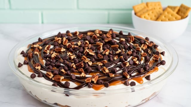 A clear glass round dish filled with a creamy white mixture as the base layer, topped generously with small dark brown chocolate chips and chopped pecans scattered evenly across the surface. Swirled over the top are visible ribbons of dark chocolate and caramel sauce adding a glossy texture and rich color contrast. The dish sits on a white marbled surface with a light mint green brick wall in the background, and a white bowl filled with light brown rectangular crackers can be seen slightly blurred in the background. Photo taken with an iphone --ar 4:5 --v 7