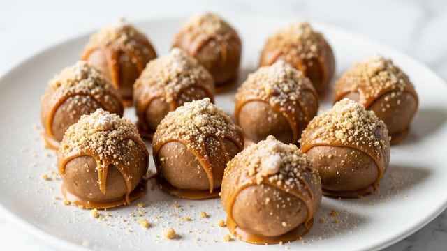 A white plate holds nine round truffles covered in light brown caramel-like coating. Each truffle is topped with a sprinkle of crumbly golden brown crumbs and a dusting of fine white powdered sugar, making the surface textured and slightly uneven. The truffles are arranged in a loose cluster with some crumbs scattered on the plate. The background is a white marbled texture. photo taken with an iphone --ar 4:5 --v 7