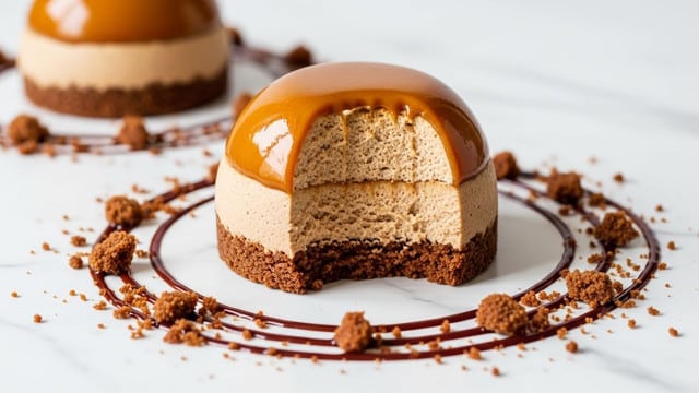 A dome-shaped dessert with three visible layers sits on a white marbled surface. The bottom layer is a dark brown crumbly cake or biscuit base. The middle layer is light brown and looks soft and creamy, similar to mousse. The top layer is a shiny, smooth caramel-brown glaze covering the whole dome except for a large bite taken out from the front, showing the inside layers. Crumbs are scattered around the dessert in a loose circle with a dark chocolate or caramel sauce drizzled around it in a thin ring. Photo taken with an iphone --ar 4:5 --v 7