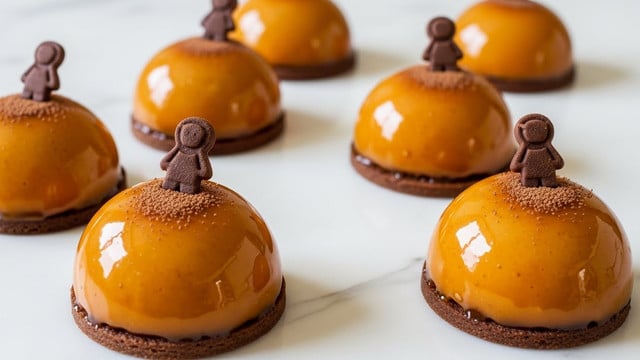 The image shows six shiny dome-shaped desserts on a white marbled surface. Each dessert has a smooth, glossy caramel-colored outer layer with a small brown decoration shaped like a little figure placed on top. There is a light dusting of brown powder on the top center of each dome. The domes are evenly spaced, creating a neat and elegant arrangement. photo taken with an iphone --ar 4:5 --v 7