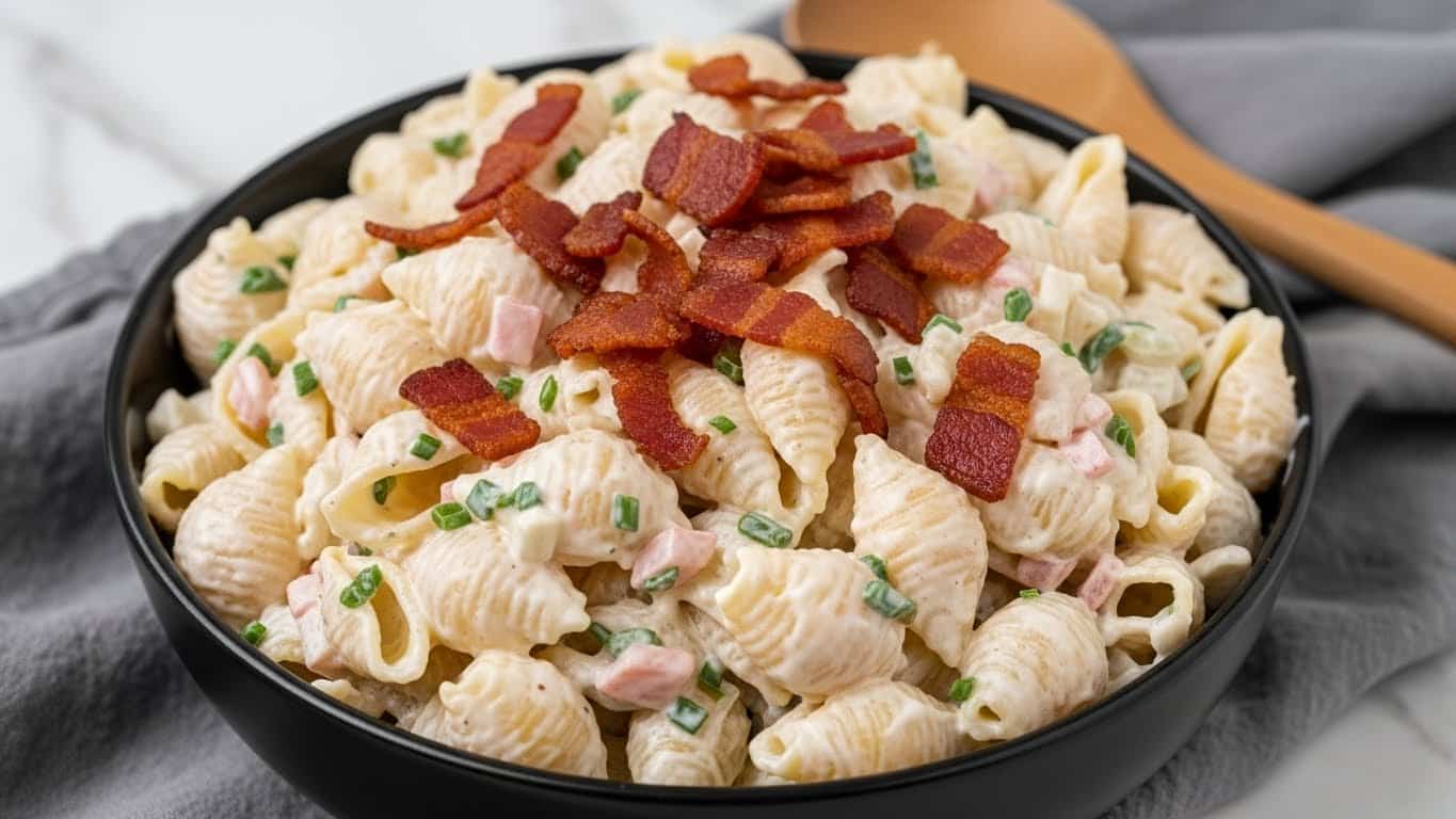 A close-up view of creamy pasta salad made with small shell pasta coated in a thick white dressing, mixed with small pieces of crispy red bacon and tiny green herb leaves. The pasta pieces show soft, smooth textures, with bits of black pepper sprinkled on top. The salad is served in a dark bowl with a wooden spoon lifting some of the pasta out. In the blurred background, a white marbled texture surface is visible. photo taken with an iphone --ar 4:5 --v 7