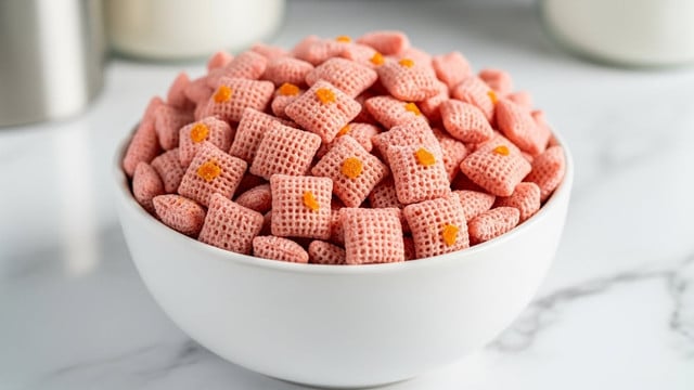 A white bowl filled with many small, square pink cereal pieces that have a slightly rough texture and tiny orange specks on them, sitting on a white marbled surface, with blurry silver and white containers in the background. photo taken with an iphone --ar 4:5 --v 7