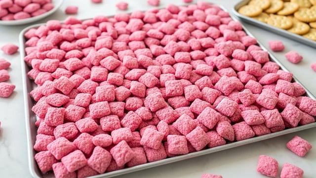 A large silver tray is fully covered with one thick layer of small square-shaped cereal pieces, each coated in a bright pink powder giving them a soft, textured look. The cereal pieces are packed close together in mostly even rows. Around the tray, on the white marbled surface, some cereal pieces and a tray with crackers can be seen, adding context. The scene feels casual and bright with soft natural light. photo taken with an iphone --ar 4:5 --v 7