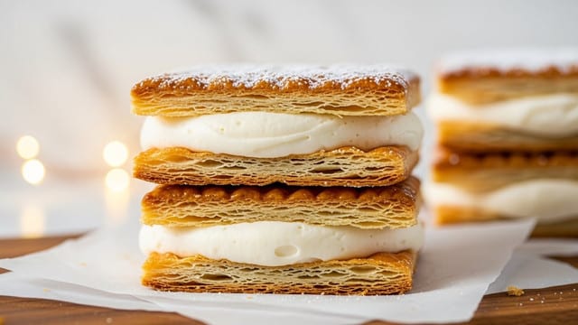 A close-up image of a stack of three layered pastries, each consisting of two thin, golden brown, crispy flaky crust layers with a textured, glazed surface, separated by a thick layer of smooth, white cream filling. The edges of the pastries show the delicate flakiness, with light dusting of white powdered sugar on top. The stack is placed on a piece of white parchment paper, resting on a wooden surface with warm, blurred yellow lights in the background, all set against a white marbled texture. photo taken with an iphone --ar 4:5 --v 7