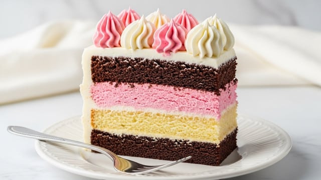 A slice of four-layer cake on a white plate with a silver fork beside it. The bottom layer is dark brown chocolate cake, followed by a light yellow vanilla cake layer. Above that is a light pink fluffy cream layer, then topped with another dark brown chocolate cake layer. The cake slice is covered with white frosting on the sides and top. On top, there are six swirls of whipped cream, three in light pink and three in white, arranged in a row. The background is a white marbled texture with soft folds of fabric in the distance. Photo taken with an iphone --ar 4:5 --v 7