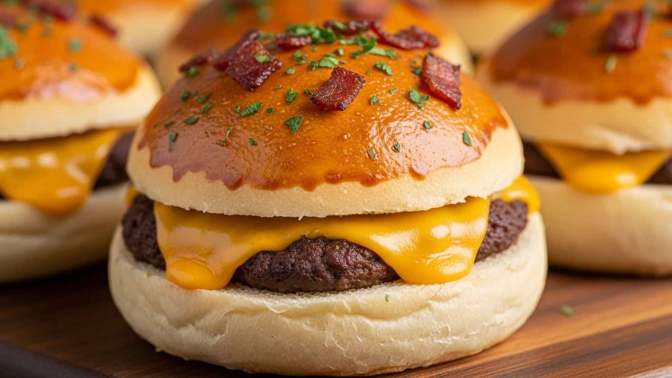 The image shows a close-up of a round baked bread roll with three visible layers: a golden-brown shiny top crust sprinkled with small green parsley pieces and crispy brown bacon bits, a middle layer where melted bright yellow cheddar cheese flows out, and a bottom soft, light beige bread layer. Inside the bread at the center is a dark brown cooked meat filling. The bread roll rests on a dark wooden board with a few more similar rolls slightly blurred in the background. The photo taken with an iphone --ar 4:5 --v 7