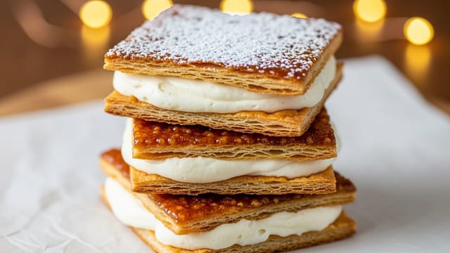 A stack of three square-shaped pastries, each consisting of three thin, crispy golden-brown layers with a caramelized, crunchy texture on top and bottom, filled with a thick, creamy white layer in the middle. The top pastry has a sprinkle of white powdered sugar evenly dusted over its surface. The pastries sit on white parchment paper on a wooden surface, with blurred warm yellow lights in the background. photo taken with an iphone --ar 4:5 --v 7