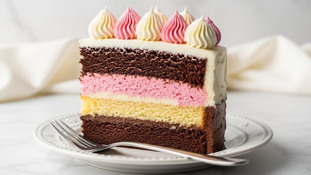 A slice of four-layered cake sits on a white plate with small brown speckles, accompanied by a golden fork. Starting from the bottom, there is a dark brown moist chocolate cake layer, followed by a thick layer of light pink creamy frosting, then a light yellow cake layer, topped by a pink cake layer with a smooth texture. Above this is a thin layer of white frosting, and the side of the slice is coated with smooth light pink frosting. The top of the slice is decorated with swirls of three colors of frosting: mostly pink, some white, and a couple of small dark brown chocolate dollops. The background shows a blurred portion of the whole cake and a soft textured cream cloth over a white marbled surface. photo taken with an iphone --ar 4:5 --v 7