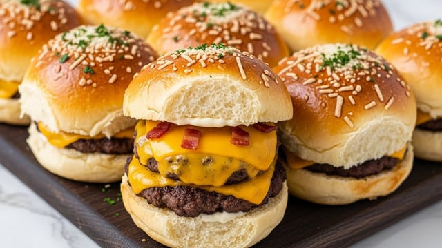 The image shows six small round baked buns with a golden brown top sprinkled with grated cheese and chopped green herbs, arranged closely on a dark wooden board. One bun is opened, revealing three visible layers inside: the bottom layer is a dark brown cooked beef patty, topped with a thick, bright yellow melted cheese layer with some small red bacon bits scattered on it, and the top soft bun layer with a light beige inside texture and a shiny golden crust on top. The buns have a soft, fluffy texture and a slightly glossy, toasted finish. The photo is taken on a white marbled surface. photo taken with an iphone --ar 4:5 --v 7