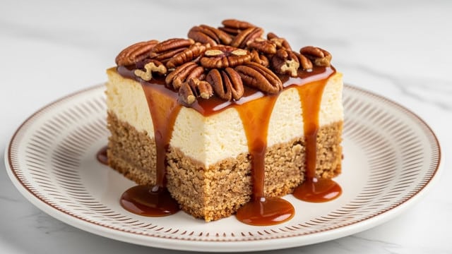 A square slice of dessert on a white plate with brown patterns, placed on a white marbled surface. The dessert has three visible layers: the bottom layer is a light brown, crumbly cake base; the middle layer is a creamy, pale yellow cheesecake layer; the top layer is covered with whole pecans in a dark brown caramel sauce that drips down the sides. The caramel sauce glistens and pools slightly on the plate around the dessert. Photo taken with an iphone --ar 4:5 --v 7