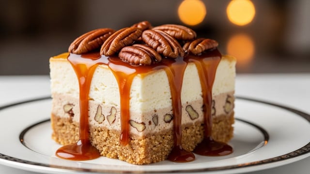 A close-up of a square piece of dessert sitting on a white plate with silver lining, showing three clear layers; the bottom layer is a light brown, crumbly crust, the middle layer is creamy white and smooth like cheesecake with bits of pecans, and the top layer is covered with whole shiny pecans soaked in a thick, glossy caramel sauce that is dripping down the sides and pooling on the plate, all set against a blurred background with warm lighting. photo taken with an iphone --ar 4:5 --v 7