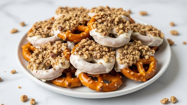 A white plate holds a pile of pretzels, each coated half with white icing and sprinkled generously with crushed pecans and small nut bits. The pretzels are golden brown with a smooth, glossy texture, while the crushed pecans add a rough, crumbly appearance on top. The white icing drips slightly, creating an uneven layer on part of each pretzel. Some nut crumbs are scattered around the plate, which is set on a white marbled surface. The photo is taken with an iphone --ar 4:5 --v 7