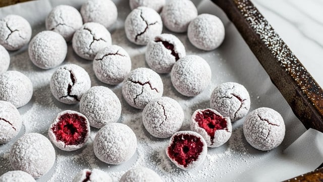 The image shows many small round pieces covered in white powdered sugar, scattered on white parchment paper inside a dark baking tray. Some of the pieces are cracked, revealing a dark and red center, while others have a smooth, powdery surface with a few showing glimpses of the red inside. The powdered sugar is lightly dusted all over the pieces and the parchment, creating a snowy effect with some clumps of sugar scattered around. The baking tray has worn edges, contrasting with the white powdered sugar and parchment below. The background is a white marbled texture. photo taken with an iphone --ar 4:5 --v 7