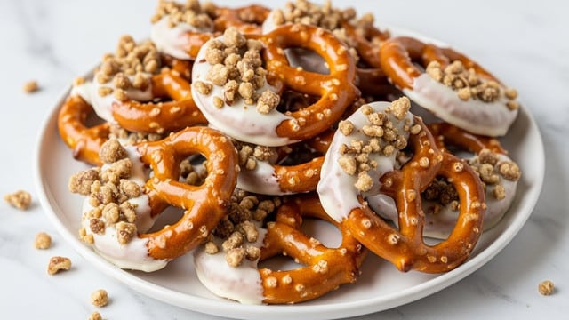 A pile of pretzels sits on a white plate, each pretzel coated halfway in a shiny white glaze. On top of the glaze are small pieces of brown nuts and light brown crumbly bits, creating a rough texture contrasting the smooth glaze. The pretzels are orange-brown with a slightly glossy finish and the nuts add extra texture and depth all over. Some nut pieces have fallen around the plate onto a white marbled surface, enhancing the natural and homemade look of the snack. photo taken with an iphone --ar 4:5 --v 7