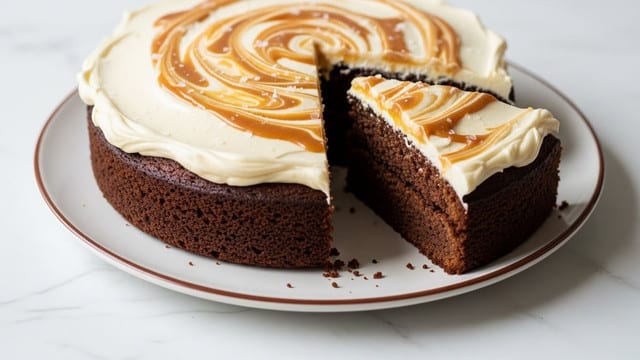 A round cake with one slice cut out sits on a white plate with a subtle brown rim, placed on a white marbled surface. The cake has one visible layer, a dark brown moist base. The top layer is thick and smooth cream-colored frosting with swirls of light caramel brown creating a marbled effect. The frosting appears soft and creamy with a shiny surface and some small salt flakes sprinkled on top. The overall look is rich and inviting with a rustic, homemade style. photo taken with an iphone --ar 4:5 --v 7