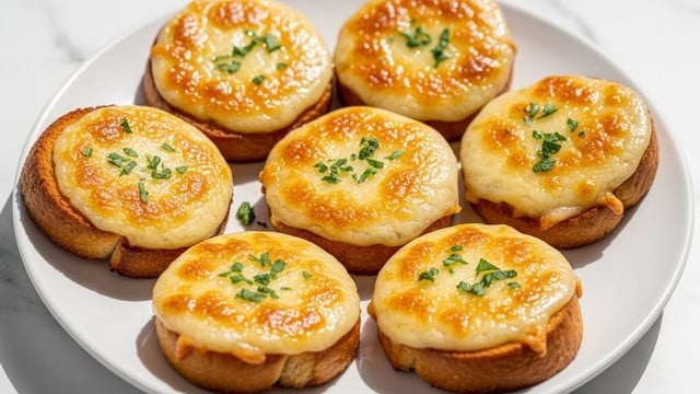 Seven pieces of small toasted bread are arranged on a round white plate. Each piece has one thick layer of melted golden brown cheese on top, with some bubbly texture showing slight browning. Small green herb bits, likely parsley, are sprinkled evenly over the cheese layer on each bread slice. The bread edges are crisp and golden while the cheese looks creamy and rich on the center. The plate is placed on a white marbled texture with soft natural light brightening the scene. photo taken with an iphone --ar 4:5 --v 7