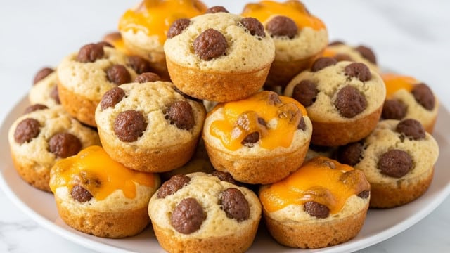 A white plate is stacked with about twenty small muffin-shaped bites, each with a golden brown crust and a slightly melted, bright orange cheese topping on some. The muffins have a textured surface with visible bits of cooked sausage mixed throughout, showing a mix of light beige dough and darker brown sausage pieces. The muffins are piled in a loose pyramid shape on the plate, which rests on a white marbled surface with a folded beige cloth underneath. In the background, a white divided dish is out of focus. photo taken with an iphone --ar 4:5 --v 7