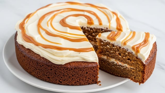 A round carrot cake with one slice removed sits on a white plate, revealing its dense, moist light brown interior. The cake is topped with a thick, creamy layer of swirled white and light caramel-colored frosting, which has a smooth and slightly glossy texture with visible brush strokes and some shiny spots. The caramel swirls are uneven and add a rich contrast on the creamy white frosting. The plate rests on a white marbled surface with soft natural light highlighting the details of the cake’s top texture. photo taken with an iphone --ar 4:5 --v 7