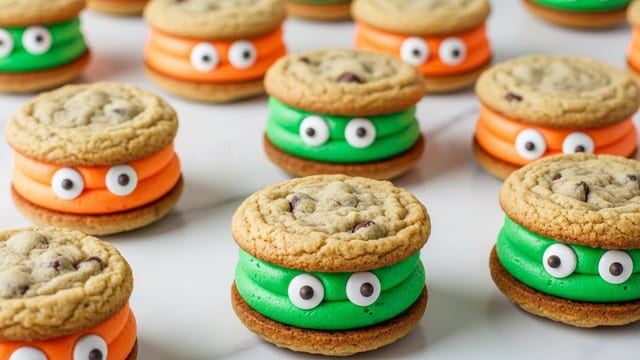 The image shows a group of small, round chocolate chip cookie sandwiches arranged on a white marbled surface. Each sandwich has two light brown, textured chocolate chip cookies as the top and bottom layers, with a thick layer of smooth frosting in the middle. The frosting comes in two colors: bright orange and bright green, giving a bright contrast to the cookies. Each sandwich also has two small, round white candy eyes placed on the frosting, making them look playful and cute. The sandwiches are spread out with some closer to the camera and others farther back, creating depth in the image. Photo taken with an iphone --ar 4:5 --v 7