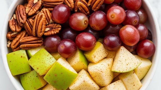 A close-up image showing a mix of fresh fruit and nuts in a white bowl with a white marbled background. The dish has several layers: the bottom layer has chunky pieces of green apple, and pale yellow apple, both with specks of cinnamon. On top are whole red grapes with a shiny, smooth texture. Scattered around are rich brown pecan halves, adding a crunchy look. The fruit and nuts are lightly coated in a spice, giving a warm, slightly textured outer layer. Photo taken with an iphone --ar 4:5 --v 7