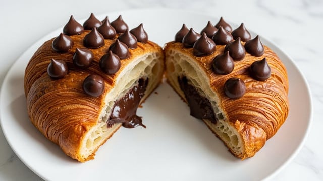 A close-up image of a round pastry on a white plate on a white marbled surface. The pastry has a golden brown, flaky crust with visible layers, slightly puffed and twisted at the edges. The center is filled with a dark chocolate mixture that looks dense and soft with small chocolate chunks inside. On top of the pastry, there are evenly placed glossy dark chocolate chips, adding texture and shine. A piece is cut out from the front, showing the thick chocolate filling inside and the multiple, thin crust layers around it. The overall look is warm, freshly baked, and rich with chocolate. Photo taken with an iphone --ar 4:5 --v 7
