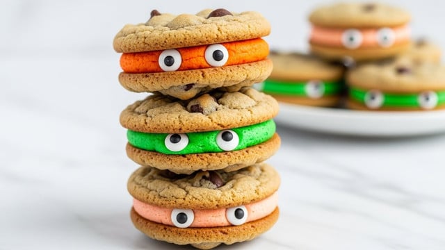 The image shows a stack of three cookie sandwiches, each made of two light brown chocolate chip cookies with colorful filling in between; the top sandwich has bright orange filling with two white candy eyes with black centers, the middle has bright green filling with similar candy eyes, and the bottom has light orange filling with candy eyes as well. The stack is placed on a white marbled surface with a blurred white plate holding more cookie sandwiches in the background. The texture of the cookies is slightly rough and crumbly, while the filling is smooth and thick. Photo taken with an iphone --ar 4:5 --v 7