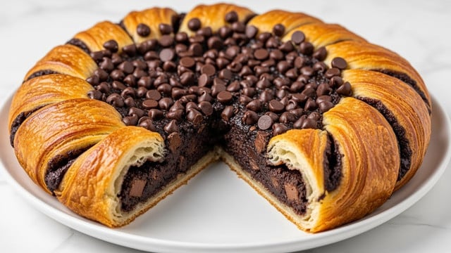 A round, golden-brown croissant is cut in half and placed on a white plate, showing its layered flaky texture on the outside and a rich, dark chocolate filling inside, which looks gooey and dense. The top of the croissant is decorated with many glossy dark chocolate drops, each smooth and slightly pointed, scattered evenly across its surface. The white plate sits on a white marbled surface, adding a clean and bright contrast to the warm tones of the croissant and chocolate. photo taken with an iphone --ar 4:5 --v 7