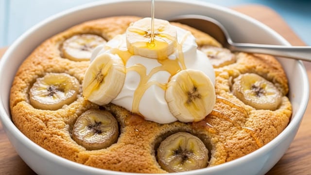 A close-up view of a white bowl filled with a single large golden-brown baked layer that looks soft and crumbly, topped with several glossy banana slices spread across the surface. On top of the bananas and center of the baked layer, there is a dollop of white whipped cream with a drizzle of light amber syrup flowing over it and some banana slices. The bowl sits on a wooden board, with the background showing a soft focus of blue and a spoon resting inside the bowl. Photo taken with an iphone --ar 4:5 --v 7