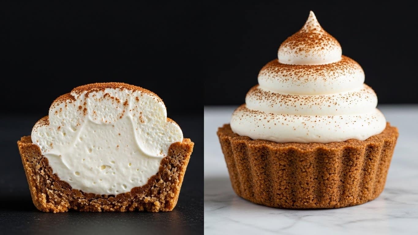 Three cupcakes sit on a white plate with a subtle gold rim, placed on a white marbled surface. Each cupcake has a thick, light brown base with a moist texture. On top, there is a tall swirl of white cream, dusted lightly with cocoa powder. One cupcake is cut in half, showing the soft inside and the creamy swirl in detail. There is a spoon next to the plate holding the cut piece. Around the plate, coffee beans and a cookie add to the cozy scene with a blurred glass cup of black coffee in the background. Photo taken with an iphone --ar 4:5 --v 7