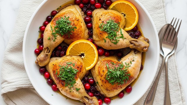 A white bowl filled with four golden-brown roasted chicken pieces, each topped with bright green chopped herbs. The chicken is surrounded by deep red cranberries and a few orange slices placed on top of some chicken pieces. The dish sits on a white marbled surface with a cream cloth and two silver forks beside the bowl. The sauce around the chicken looks shiny and rich, coating the ingredients well. photo taken with an iphone --ar 4:5 --v 7