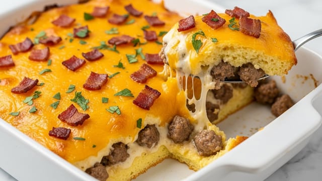 A white square baking dish filled with a baked breakfast casserole that has three main layers: the bottom layer is golden brown, crispy hash browns, the middle layer is white and yellow with melted cheese and cooked eggs, and the top layer is scattered with browned sausage pieces and dark red crispy bacon bits, all sprinkled with small green herb pieces. The edges show slightly crisped and browned potatoes, and the mixture looks rich and warm. The background is a white marbled surface. photo taken with an iphone --ar 4:5 --v 7