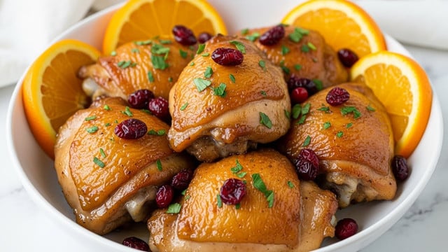 In a white bowl filled with several pieces of golden-brown glazed chicken thighs, each piece is shiny and slightly crispy on the outside, topped with bright green chopped parsley and scattered fresh red cranberries. Around the chicken pieces, there are wedge slices of vivid orange, adding a fresh color contrast. The bowl sits on a white marbled surface with a soft white cloth blurred in the background. photo taken with an iphone --ar 4:5 --v 7