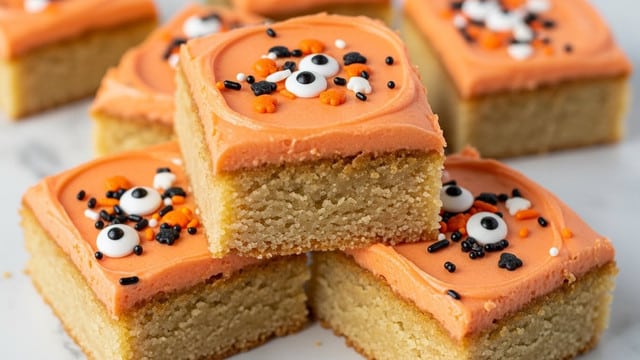 This image shows a stack of square blondies with two main layers. The bottom layer is thick, light golden brown with a soft and slightly crumbly texture. On top, there is one thick, smooth layer of bright orange frosting, swirled softly. The orange frosting is decorated with tiny halloween-themed sprinkles in black, white, and orange. There are also small candy eyes with white round bases and black dots in the center on multiple pieces. The squares are placed on a surface with white marbled texture. Photo taken with an iphone --ar 4:5 --v 7