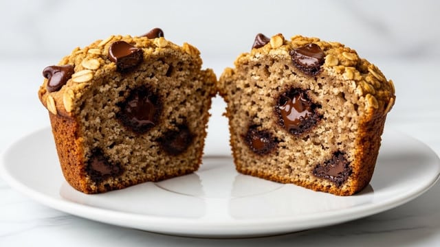 The image shows a single muffin cut in half on a white plate, placed on a white marbled surface. The muffin has a golden-brown, slightly crispy outer layer with visible oats on top, and large chocolate chunks melting on the top and inside. The inside of the muffin is soft and crumbly, with a light brown color mixed with dark chocolate pieces scattered throughout. Both halves are placed side by side, showing the moist texture inside clearly. Photo taken with an iphone --ar 4:5 --v 7