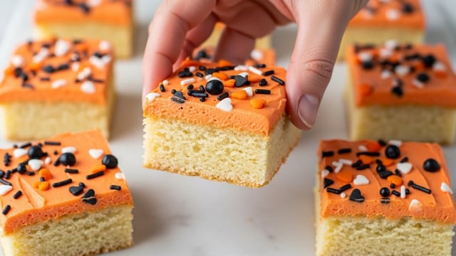 A close-up view of square pieces of dessert bars arranged on a white marbled surface, each bar showing two layers: the bottom thick layer is a light beige soft cake, and the top thinner layer is bright orange frosting with a smooth, creamy texture. The orange frosting is decorated with small black, white, and orange sprinkles, including some shaped like tiny hearts and clusters, and one square in the center is held by a woman's hand, highlighting the two distinct layers clearly. Photo taken with an iphone --ar 4:5 --v 7
