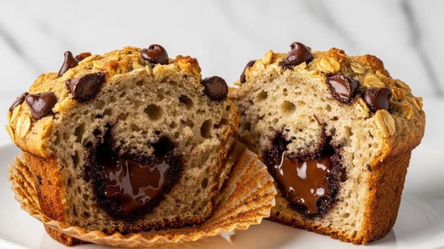 A close-up view of a split chocolate chip muffin placed on a white plate with a white marbled texture in the background. The muffin has a golden-brown, slightly crispy outer layer with visible oats and dark, melted chocolate chunks spread throughout. The inside shows a soft and moist crumb with a mix of light beige and brown shades, filled generously with melted chocolate bits. The muffin half in the front clearly displays the gooey chocolate center, contrasting with the lighter bread texture. The photo taken with an iphone --ar 4:5 --v 7