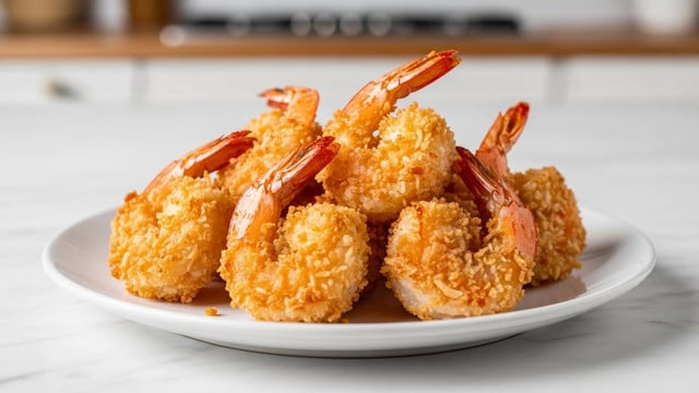 A small pile of golden brown coconut shrimp arranged on a white plate, each shrimp coated in a rough, crispy coconut crust that shines slightly from frying oil; the shrimp have a curved shape with visible tails that are reddish-orange, creating a contrast with the crunchy, light brown coating; the plate sits on a white marbled surface with a blurred kitchen background behind it, giving the image a warm and inviting feel. photo taken with an iphone --ar 4:5 --v 7