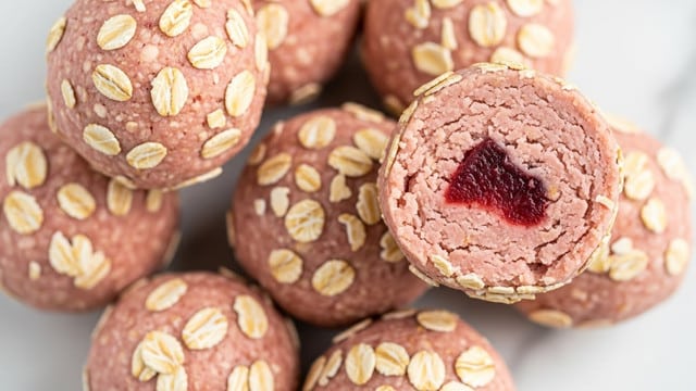 The image shows a close-up of round snack balls with a soft, pink color mixed with light beige oat flakes. Each ball has a rough texture from the oats that cover the surface unevenly, and the pink parts look smooth and moist. The balls are placed closely together, filling most of the frame, with one slightly behind the others, creating a small group. The background is a white marbled texture. photo taken with an iphone --ar 4:5 --v 7